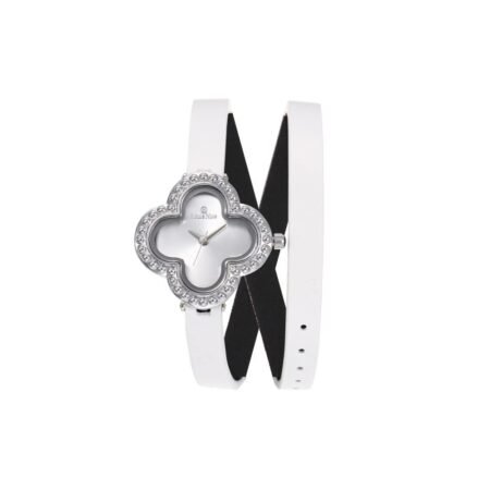 Women's watch with two twists, white strap, silver frame